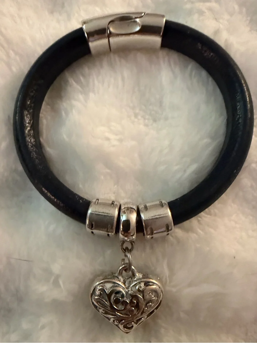 Sundance Navy Leather Bracelet with Filigree Heart Charm